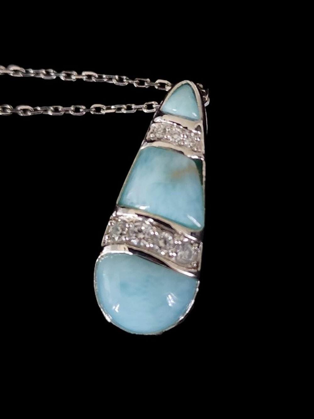 Sterling Silver Caribbean Blue Larimar White Sapphire Marahlago Pendant Necklace